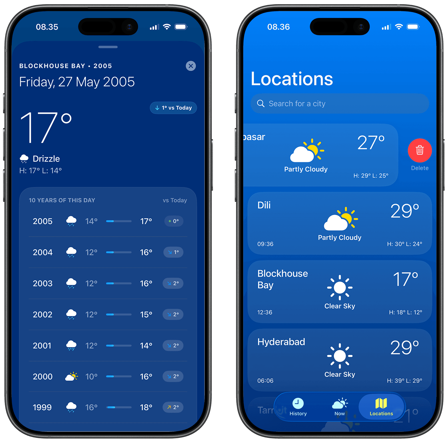 PastCast weather history screens on two iPhones
